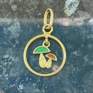 14K Yellow Gold Nature Enamel Mushroom Circle Pendant ✨